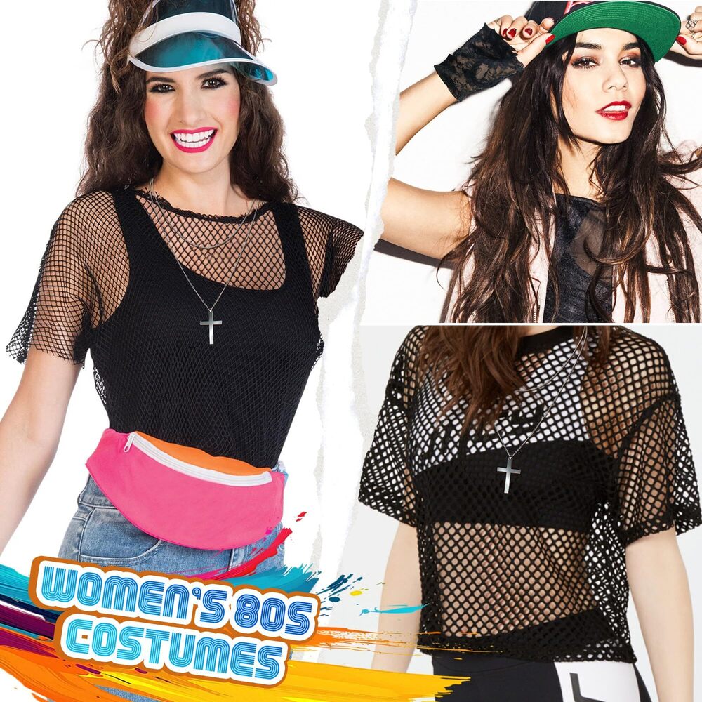 7648 80s Costume Outfit 1980s Headband Fishnet Off Shoulder - Picture 3 of 7